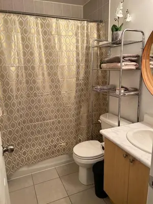 a bathroom with a shower curtain and a toilet at Peaceful serene oasis with free parking and wifi in Brampton