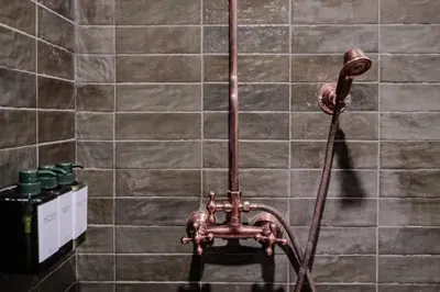 a shower in a bathroom with a hose at 'MoonBeam' Boho-Luxe Glamping Dome at Marmora Retreat in Marmora