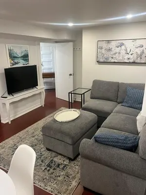 a living room with a couch and a tv at 1 Bedroom basement Suite in Junction Bloor West Village in Toronto