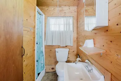 a bathroom with a toilet and a sink at Charming Lakeview Family Resort in Katchwanooka with Private BBQ and firepit in Lakefield