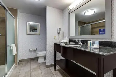 a bathroom with a sink and a toilet and a mirror at Hampton Inn & Suites by Hilton Brantford in Brantford