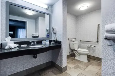 a bathroom with a sink and a toilet and a mirror at Hampton Inn & Suites by Hilton Brantford in Brantford