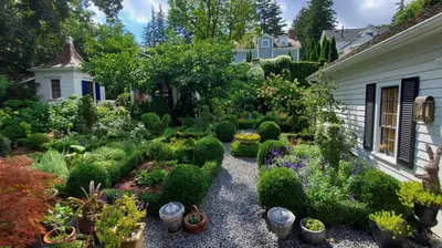 a garden with lots of plants in front of a house at Dot's Landing Garden Room in Niagara on the Lake