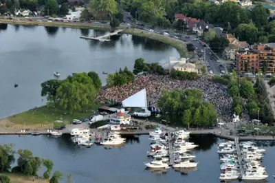 an aerial view of a group of boats in a harbor at Holiday Inn Hotel Peterborough Waterfront by IHG in Peterborough