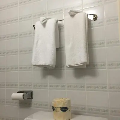a bathroom with white towels hanging on a wall at The Falls Family Lodge in Niagara Falls