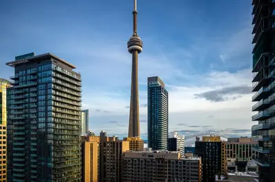 a view of the cn tower in a city at Hyatt Regency Toronto in Toronto