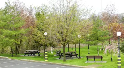 a park with benches and picnic tables and trees at Capri Inn in St. Catharines