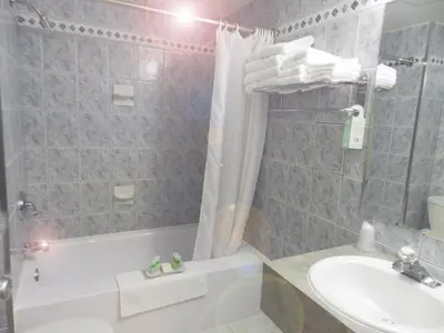 a bathroom with a sink and a tub and a toilet at Capri Inn in St. Catharines
