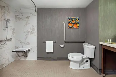 a bathroom with a toilet and a painting on the wall at Doubletree by Hilton Toronto Airport, ON in Toronto