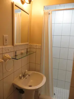 a bathroom with a sink and a shower with a mirror at Victoria's Mansion Guest House in Toronto