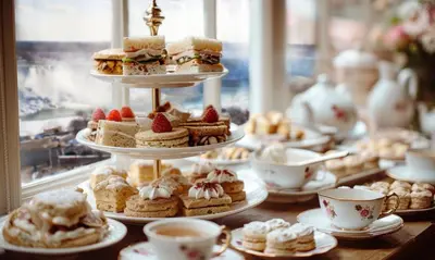 a display of cakes and pastries and cups of coffee at The Brock Niagara Falls Fallsview, Tapestry by Hilton in Niagara Falls