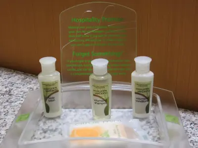 three bottles of moisturizers sitting on a tray on a counter at Holiday Inn Niagara Falls-By the Falls by IHG in Niagara Falls