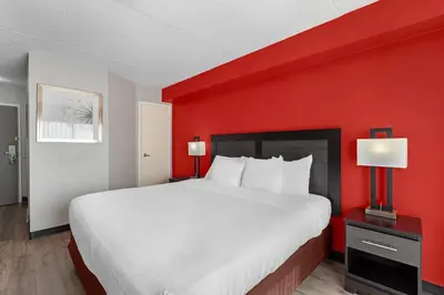 a large bed in a room with a red wall at Quality Inn & Suites 5585 Ambler Drive Mississauga Ontario in Mississauga