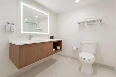 a bathroom with a toilet and a sink and a mirror at Holiday Inn & Suites Mississauga West - Meadowvale by IHG in Mississauga
