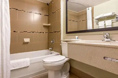 a bathroom with a toilet and a tub and a sink at Comfort Inn Airport West in Mississauga