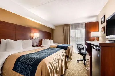 a hotel room with two beds and a television at Comfort Inn Airport West in Mississauga