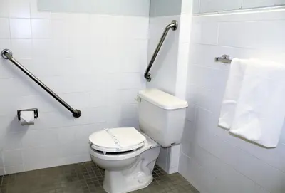 a bathroom with a white toilet and a towel at Residence & Conference Centre - Welland in Welland