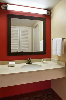 a bathroom with a sink and a large mirror at Courtyard by Marriott Niagara Falls in Niagara Falls