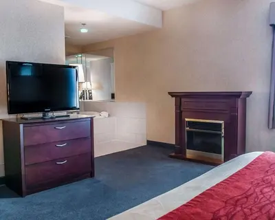 a bedroom with a flat screen tv and a fireplace at Comfort Inn in Mississauga
