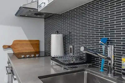 a kitchen with a sink and a black tile wall at Modern Design Studio in Toronto