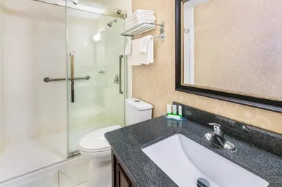 a bathroom with a sink and a toilet and a shower at Rodeway Inn Festival in Stratford