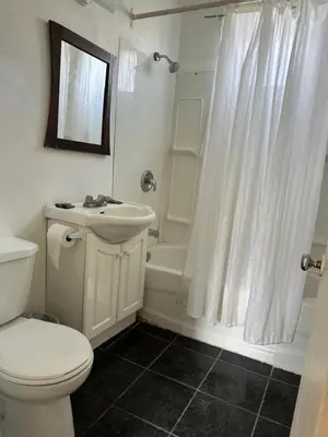 a bathroom with a toilet and a sink and a shower at Carriage Inn Motel in Peterborough