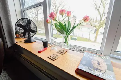 a window sill with a vase of flowers and a book at Edison's Inn in Stratford