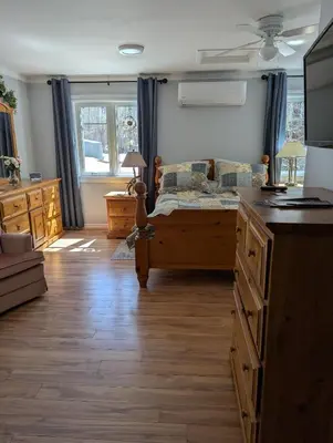 a bedroom with a bed with blue curtains and a kitchen at Bear & Butterfly Bed and Breakfast in Gravenhurst