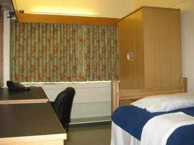 a room with a bed and a desk and a curtain at University of Toronto - New College Residence - Wilson Hall Residence in Toronto