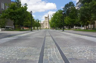 an empty street with a building in the distance at University of Toronto-New College Residence-45 Willcocks Residence in Toronto