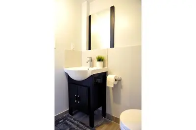 a bathroom with a sink and a mirror at Dream Catcher Travel House in Toronto