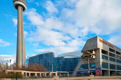a view of a building with a tower in the background at Toronto Marriott City Centre Hotel in Toronto