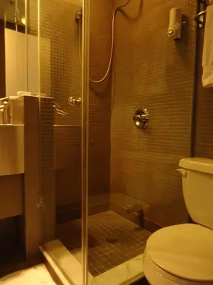 a shower with a glass door in a bathroom at The Rex Hotel Jazz & Blues Bar in Toronto