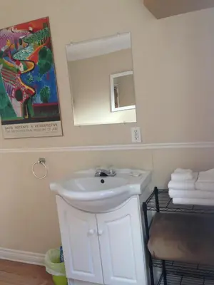 a bathroom with a white sink and a mirror at The Rex Hotel Jazz & Blues Bar in Toronto