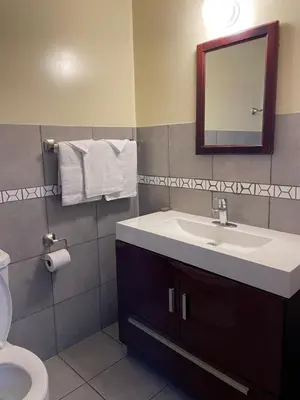a bathroom with a sink and a mirror and a toilet at Scottish Inn Near the Falls and Casino in Niagara Falls