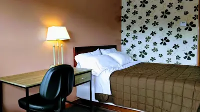 a hotel room with a bed and a desk and a chair at Kings Inn Midland in Midland