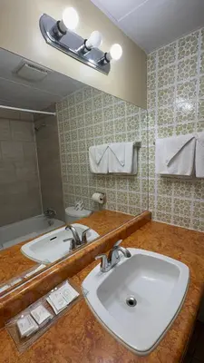 a bathroom with a sink and a mirror at Empress Inn and Suites by the Falls in Niagara Falls