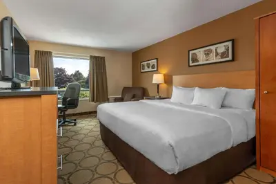a hotel room with a large bed and a television at Comfort Inn in Pickering