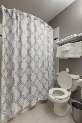 a bathroom with a toilet and a shower curtain at Mountain Side Condo Loft at The Blue Mountains in Blue Mountains