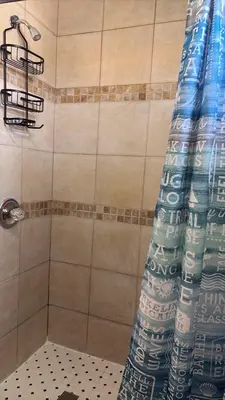 a shower with a blue shower curtain in a bathroom at The Rex Motel At Niagara Falls in Niagara Falls