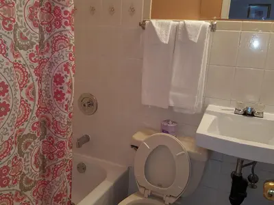 a bathroom with a toilet and a sink and a shower at Niagara Inn & Suites in Niagara Falls