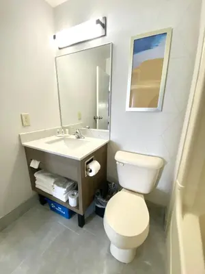 a bathroom with a toilet and a sink with a mirror at Comfort Inn in St. Catharines