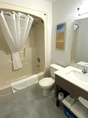 a bathroom with a toilet and a tub and a sink at Comfort Inn in St. Catharines