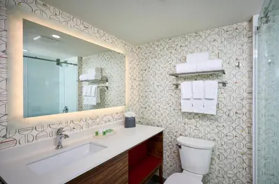 a bathroom with a sink and a toilet and a mirror at Holiday Inn & Suites Oakville at Bronte by IHG in Oakville
