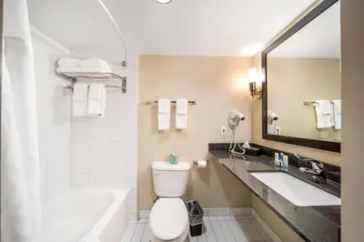 a bathroom with a toilet and a sink and a tub at Ramada Plaza by Wyndham Niagara Falls in Niagara Falls