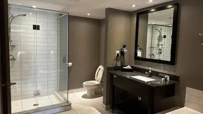 a bathroom with a shower and a sink and a toilet at Ramada Plaza by Wyndham Niagara Falls in Niagara Falls