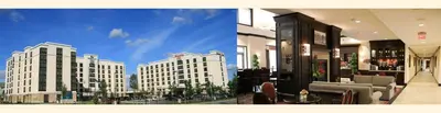 two photographs of a city with buildings at Homewood Suites by Hilton Toronto Airport Corporate Centre in Toronto