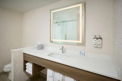 a bathroom with a sink and a mirror and a toilet at Holiday Inn Express & Suites Kitchener Southeast by IHG in Kitchener