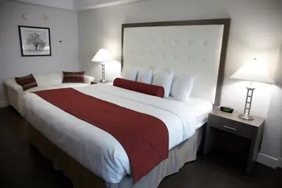 a large bed in a hotel room with two lamps at Admiral Inn Mississauga in Mississauga