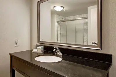 a bathroom with a sink and a mirror at Hampton Inn by Hilton Toronto Airport Corporate Centre in Toronto
